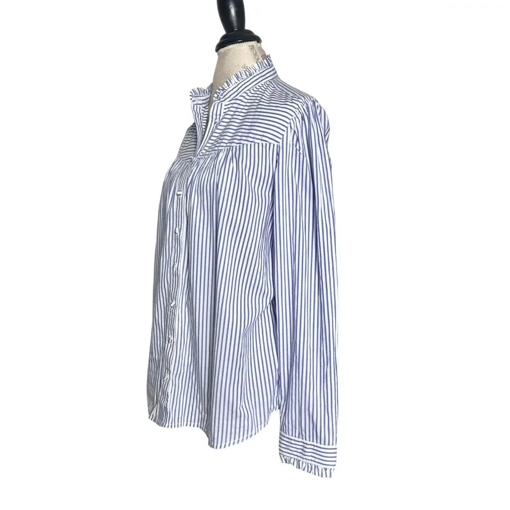 J. Crew | Women | Ruffle Trim Stripe Cotton Poplin LS Button Up Shirt | Large